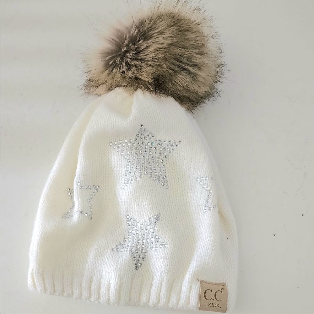 Kids Rhinestone Star Fur Pom CC Beanie